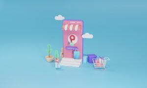 3D rendering of an online shopping store on mobile application of a smartphone in pastel colors.