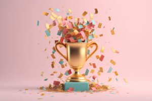 3D rendering of gold championship trophy cup with festive multicolored flying confetti on pink background.