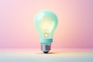 Creative concept of an idea, using light pastel colors to show a glowing light bulb erected on a colorful, flat surface.