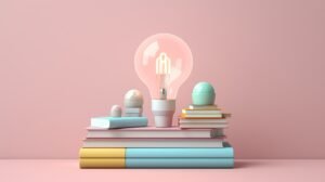 Creative concept of an idea being supported upwards, using pastel colors to show an erected light bulb resting upon books and gadgets.